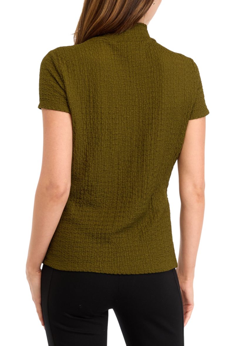 Womens Cap Sleeve Textured Mock Neck Top 