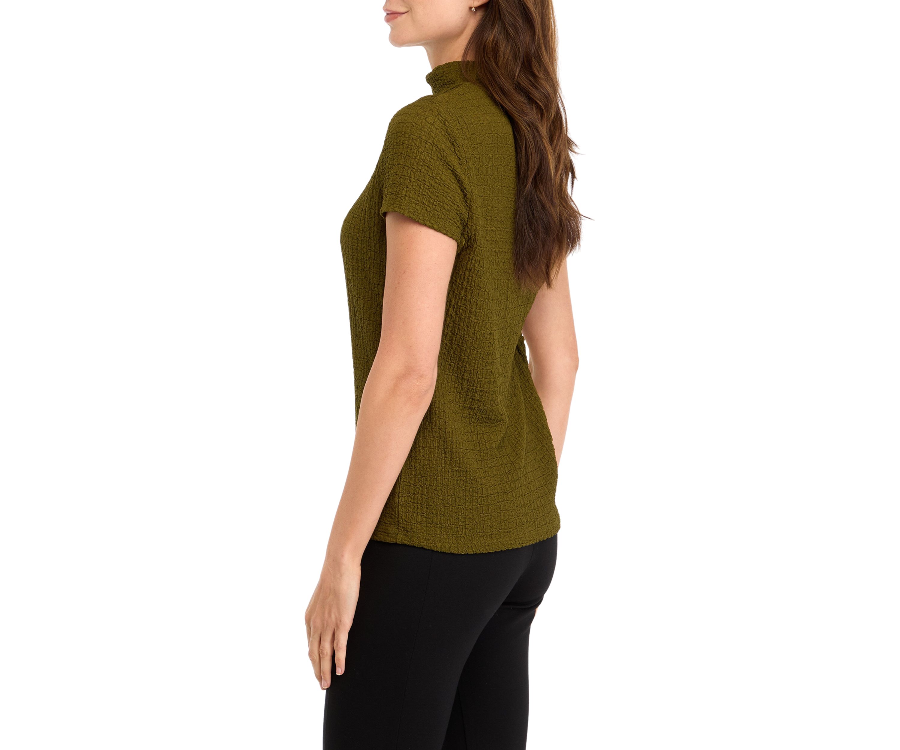 Womens Cap Sleeve Textured Mock Neck Top 