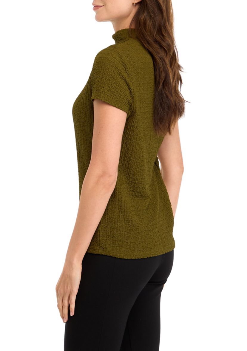 Womens Cap Sleeve Textured Mock Neck Top 
