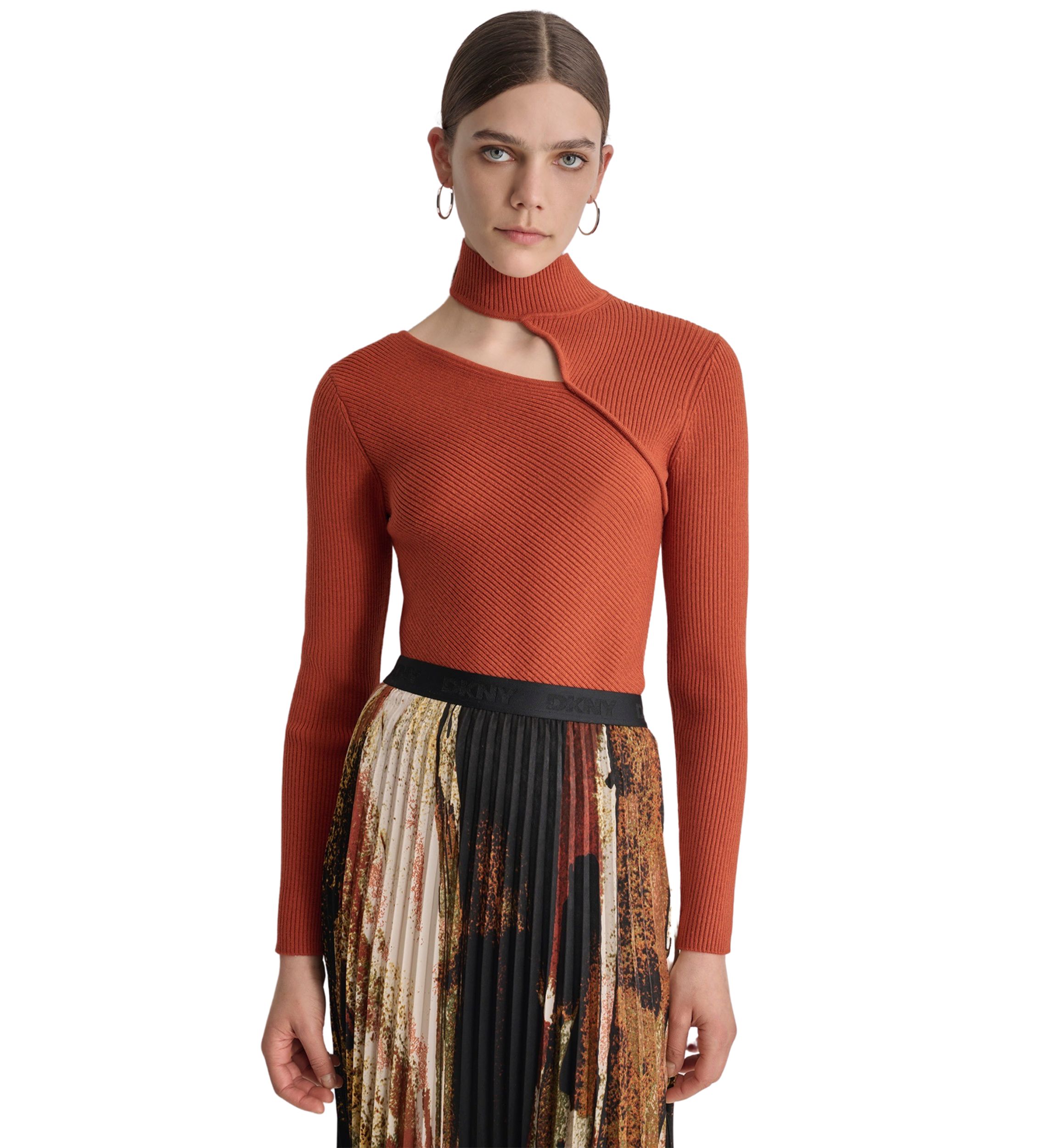Womens Long Sleeve Mock Neck Cut Out Ribbed Sweater