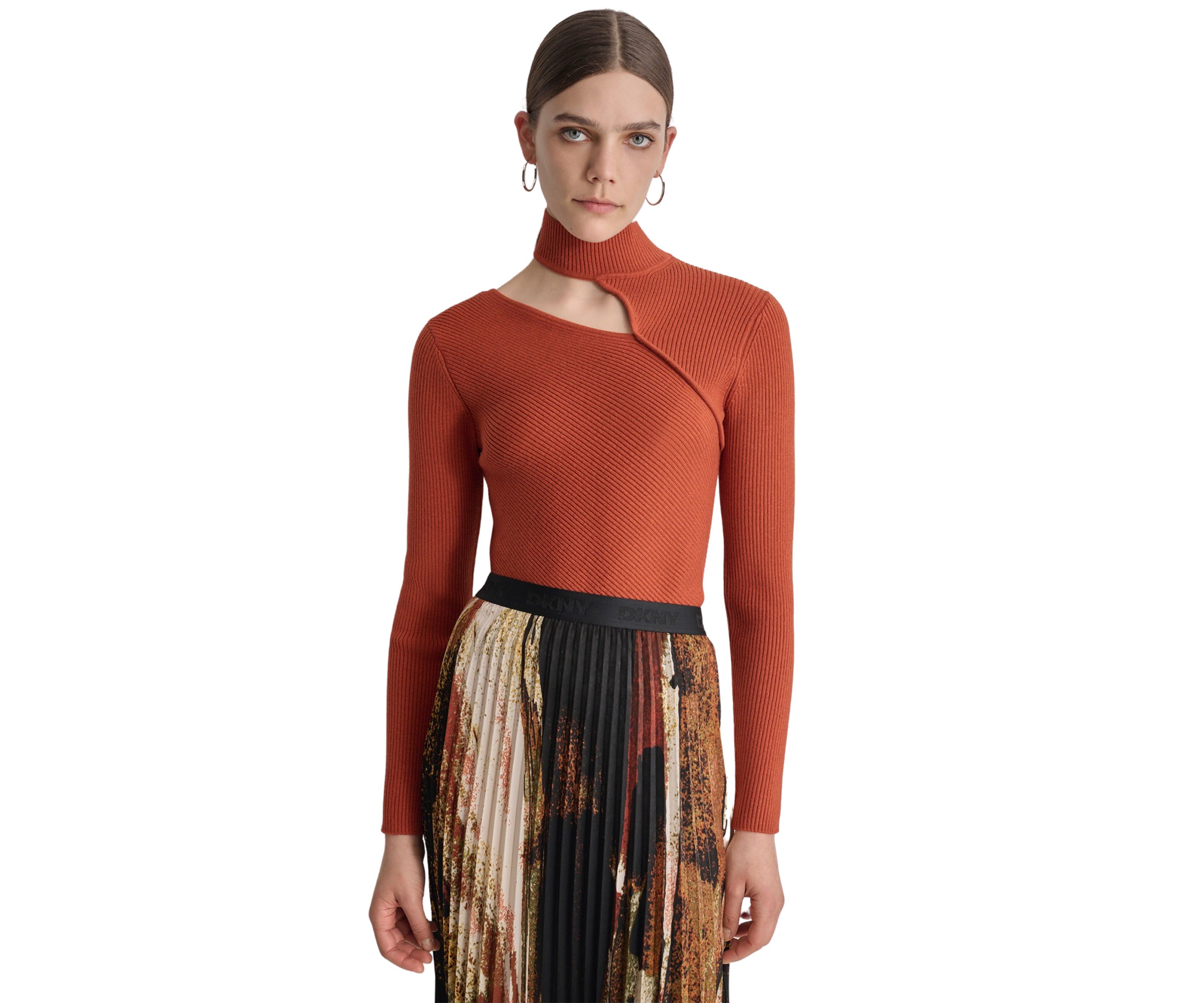 Womens Long Sleeve Mock Neck Cut Out Ribbed Sweater