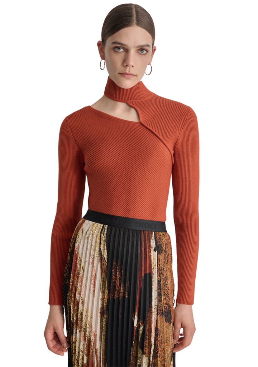 Womens Long Sleeve Mock Neck Cut Out Ribbed Sweater