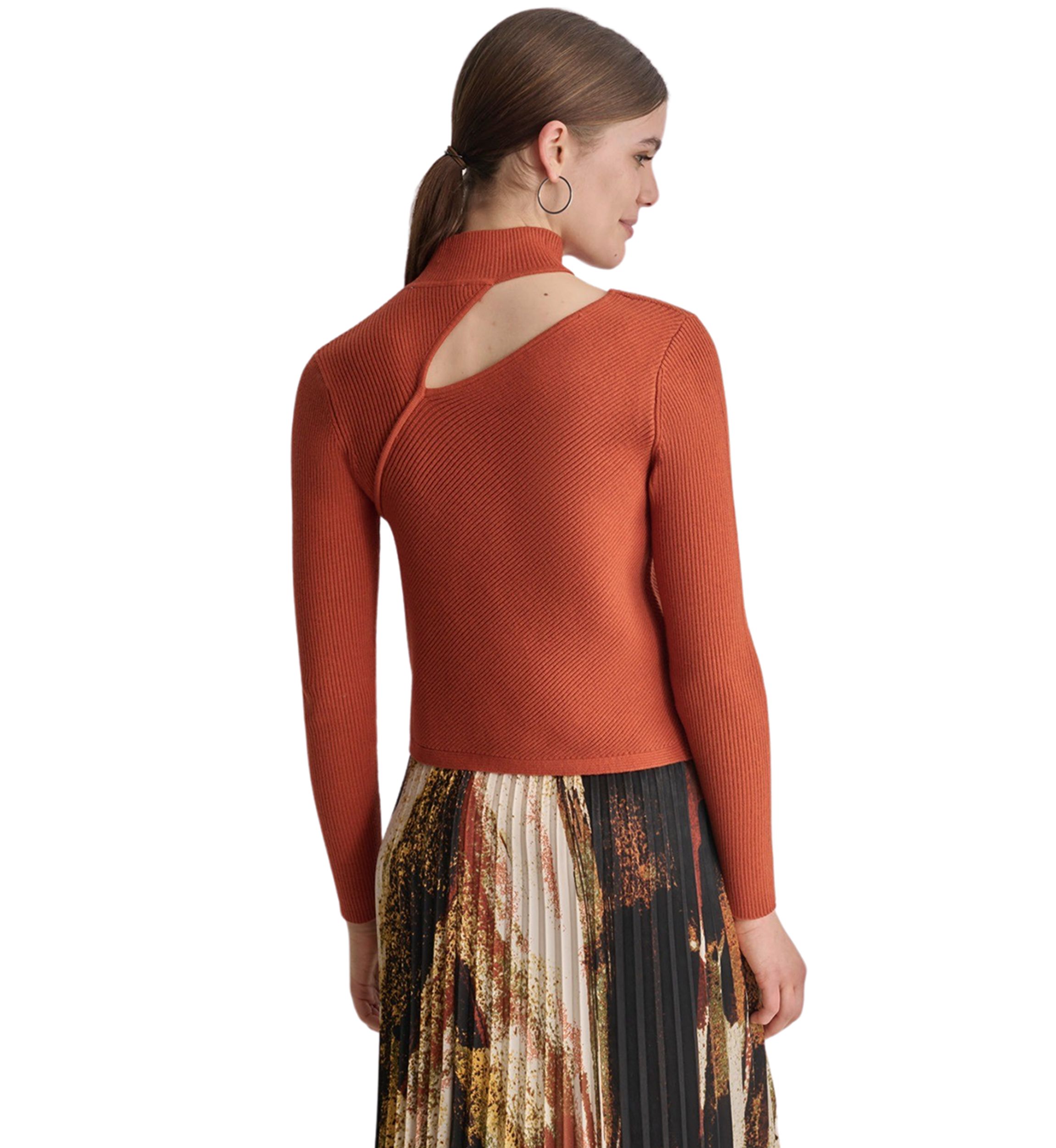 Womens Long Sleeve Mock Neck Cut Out Ribbed Sweater