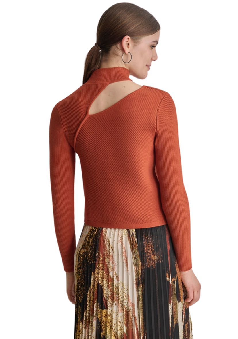Womens Long Sleeve Mock Neck Cut Out Ribbed Sweater