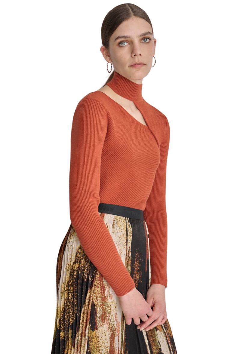 Womens Long Sleeve Mock Neck Cut Out Ribbed Sweater