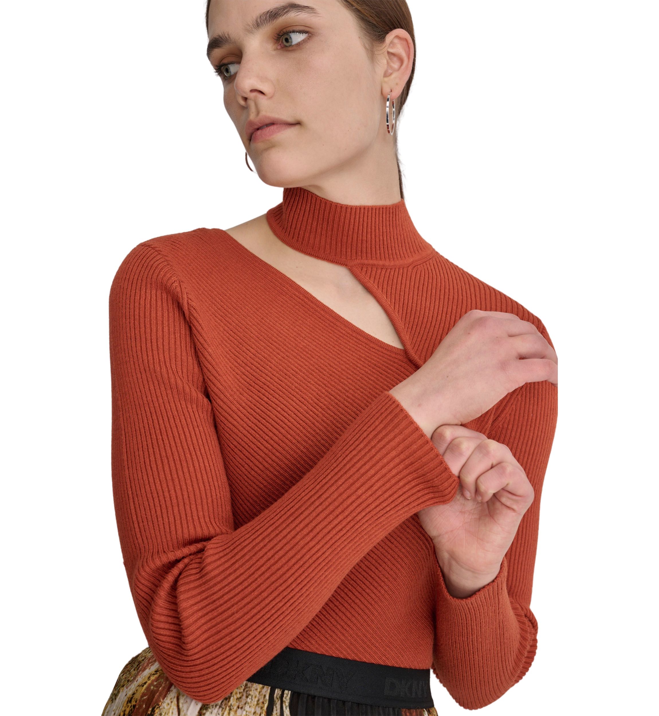 Womens Long Sleeve Mock Neck Cut Out Ribbed Sweater