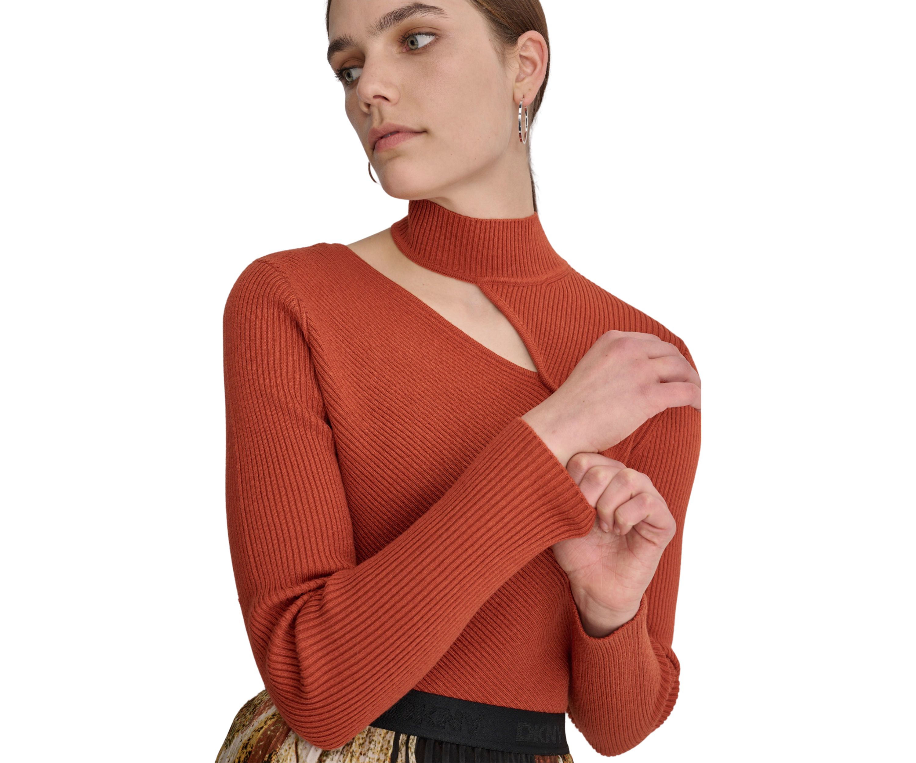 Womens Long Sleeve Mock Neck Cut Out Ribbed Sweater