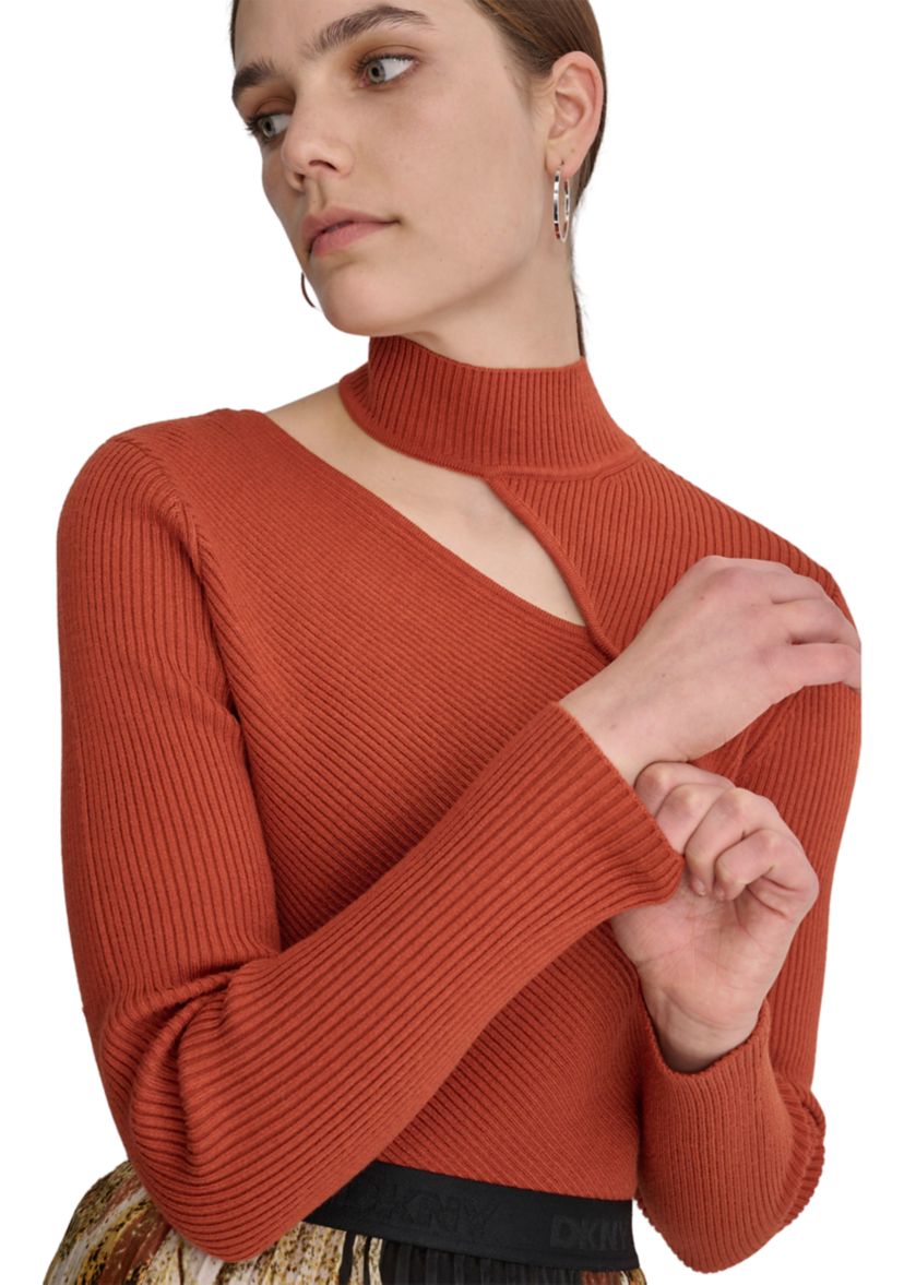 Womens Long Sleeve Mock Neck Cut Out Ribbed Sweater