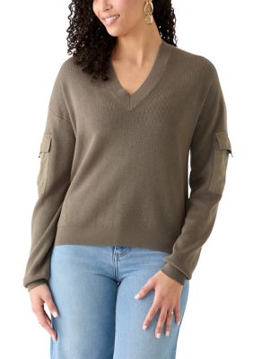 DKNY Women's V-Neck Woven Pocket Athletic Sweater, XS