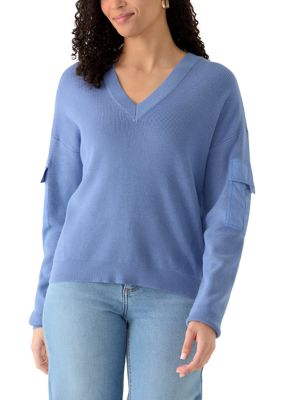 DKNY Women's V-Neck Woven Pocket Athletic Sweater, Small