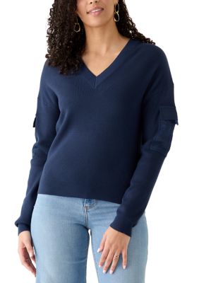 DKNY Women's V-Neck Woven Pocket Athletic Sweater, Blue, XL