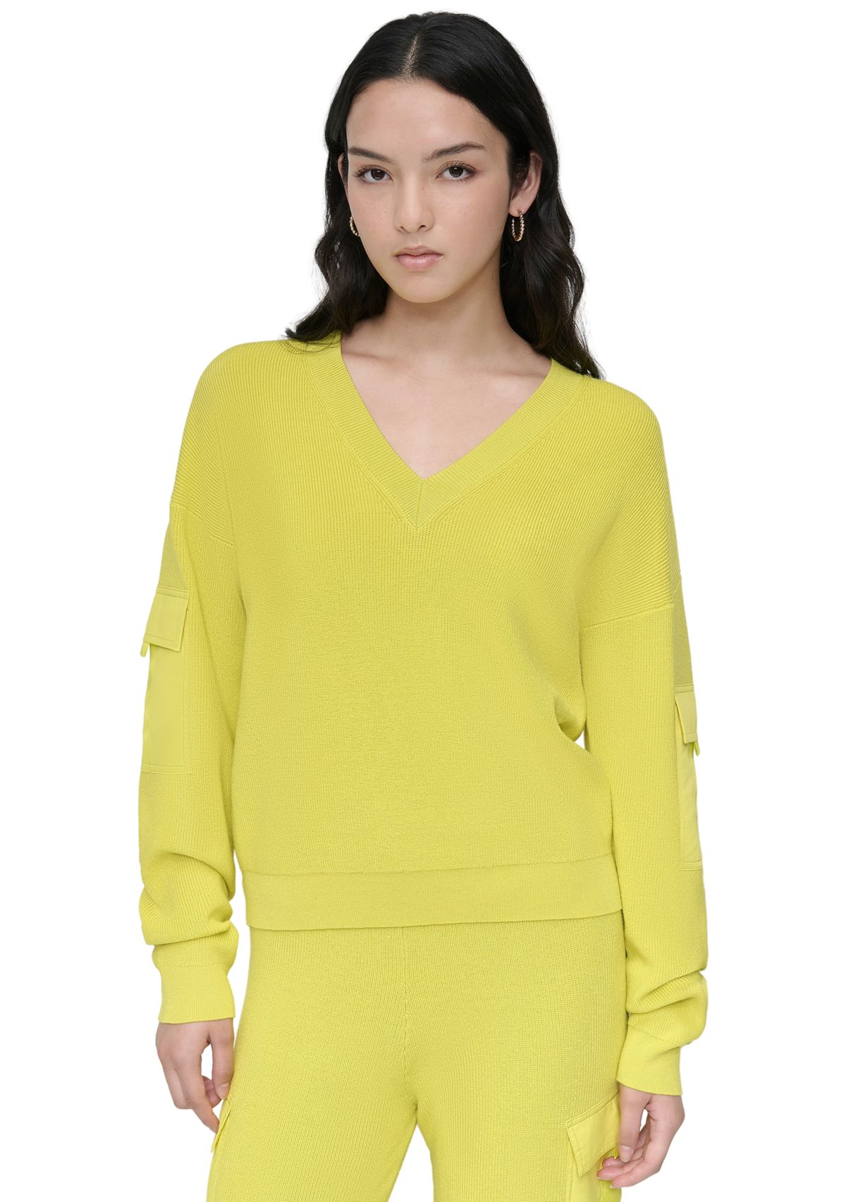 Womens V-Neck Woven Pocket Athletic Sweater