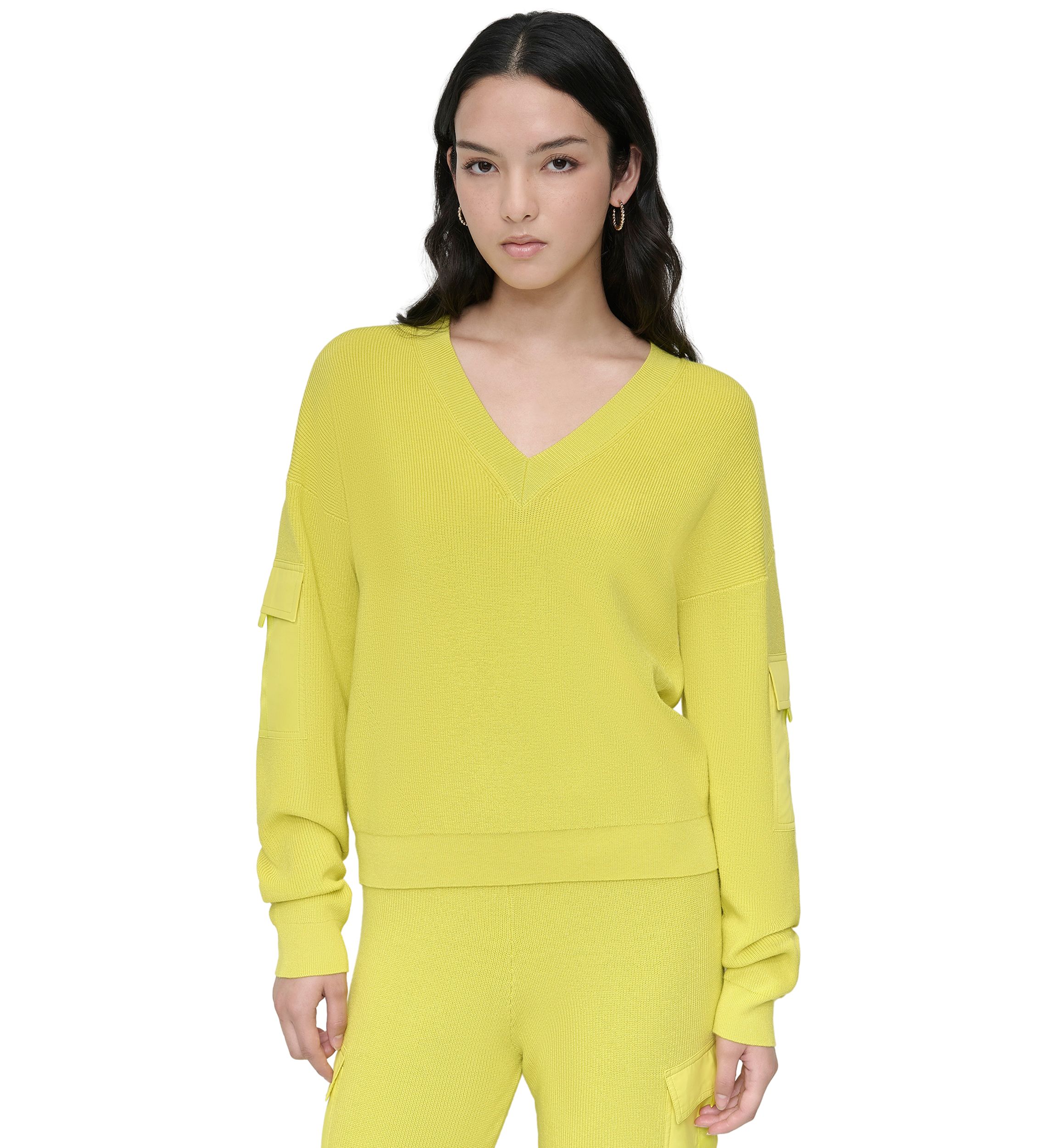 Womens V-Neck Woven Pocket Athletic Sweater