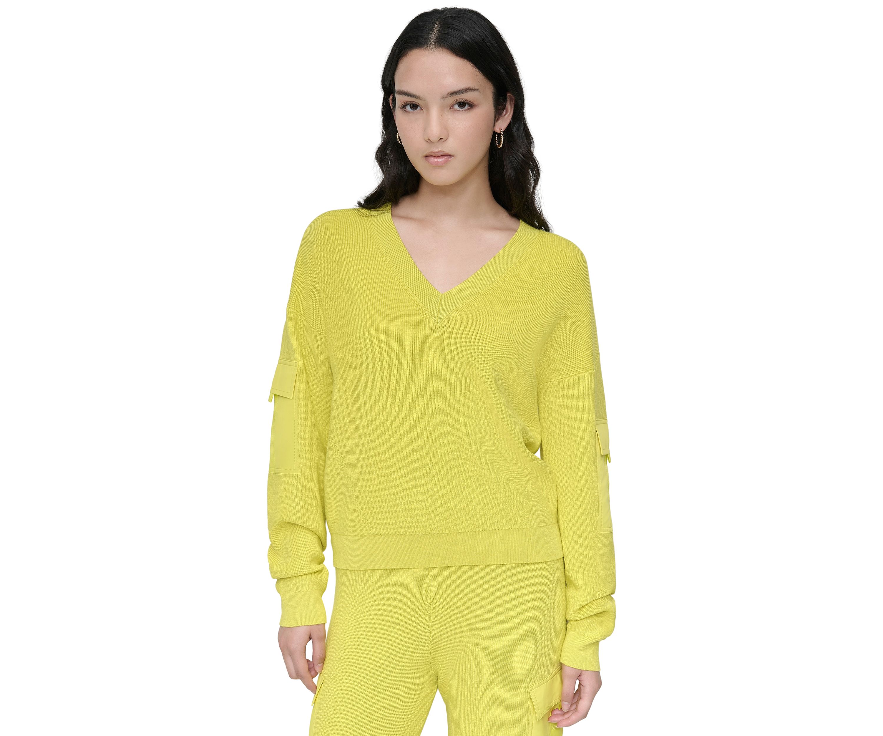 Womens V-Neck Woven Pocket Athletic Sweater