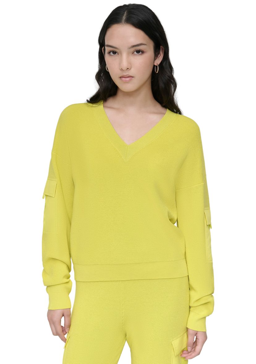 Womens V-Neck Woven Pocket Athletic Sweater