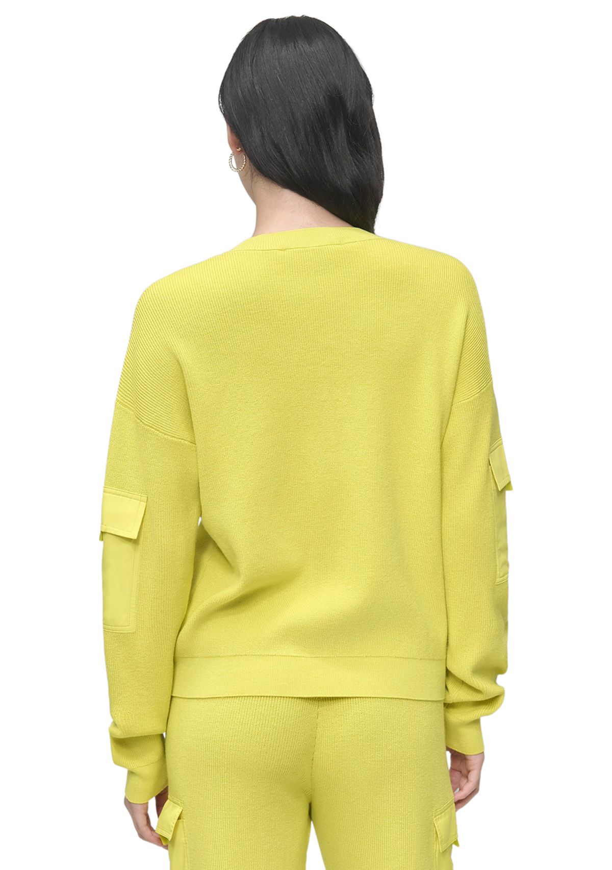 Womens V-Neck Woven Pocket Athletic Sweater