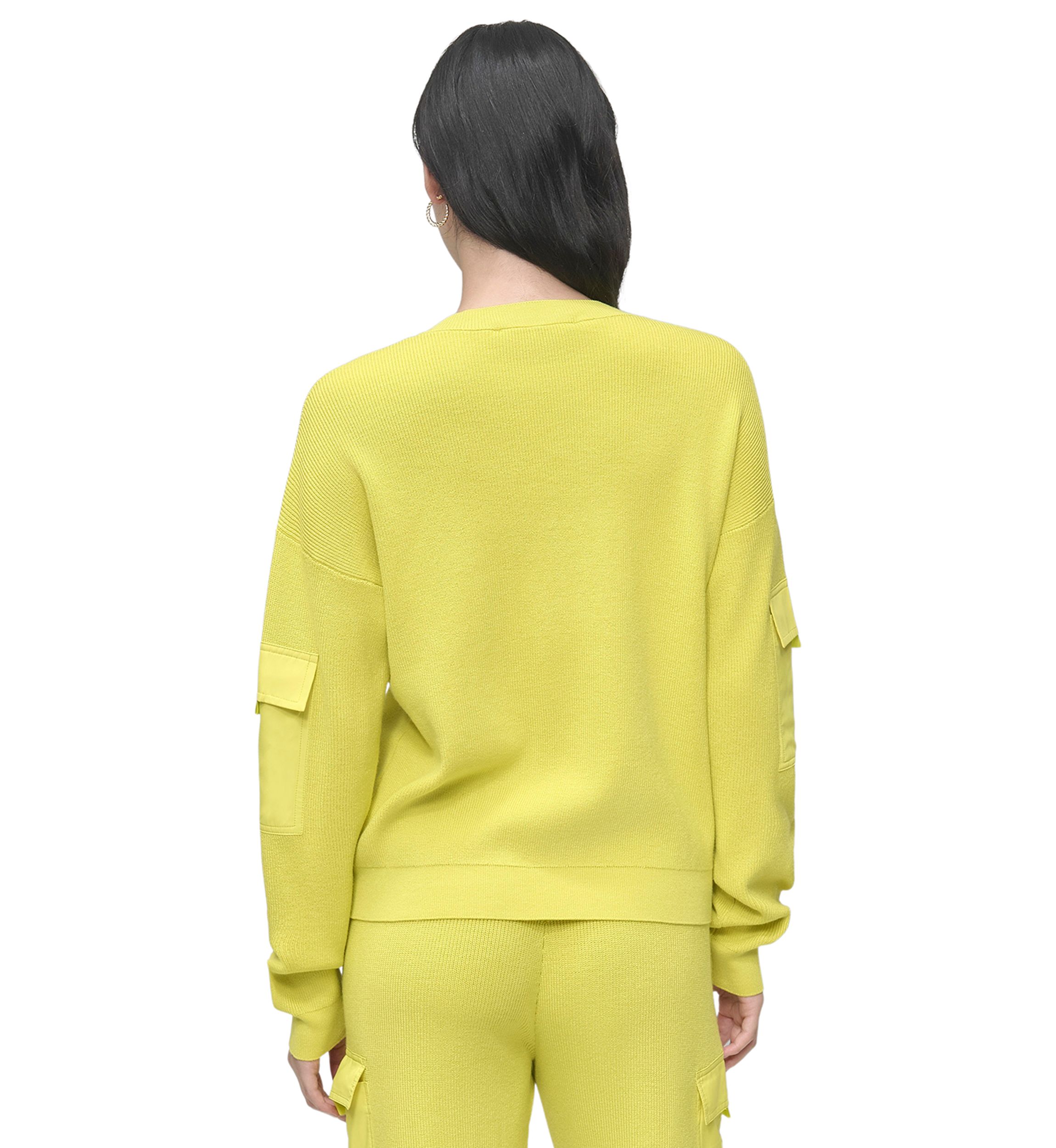 Womens V-Neck Woven Pocket Athletic Sweater