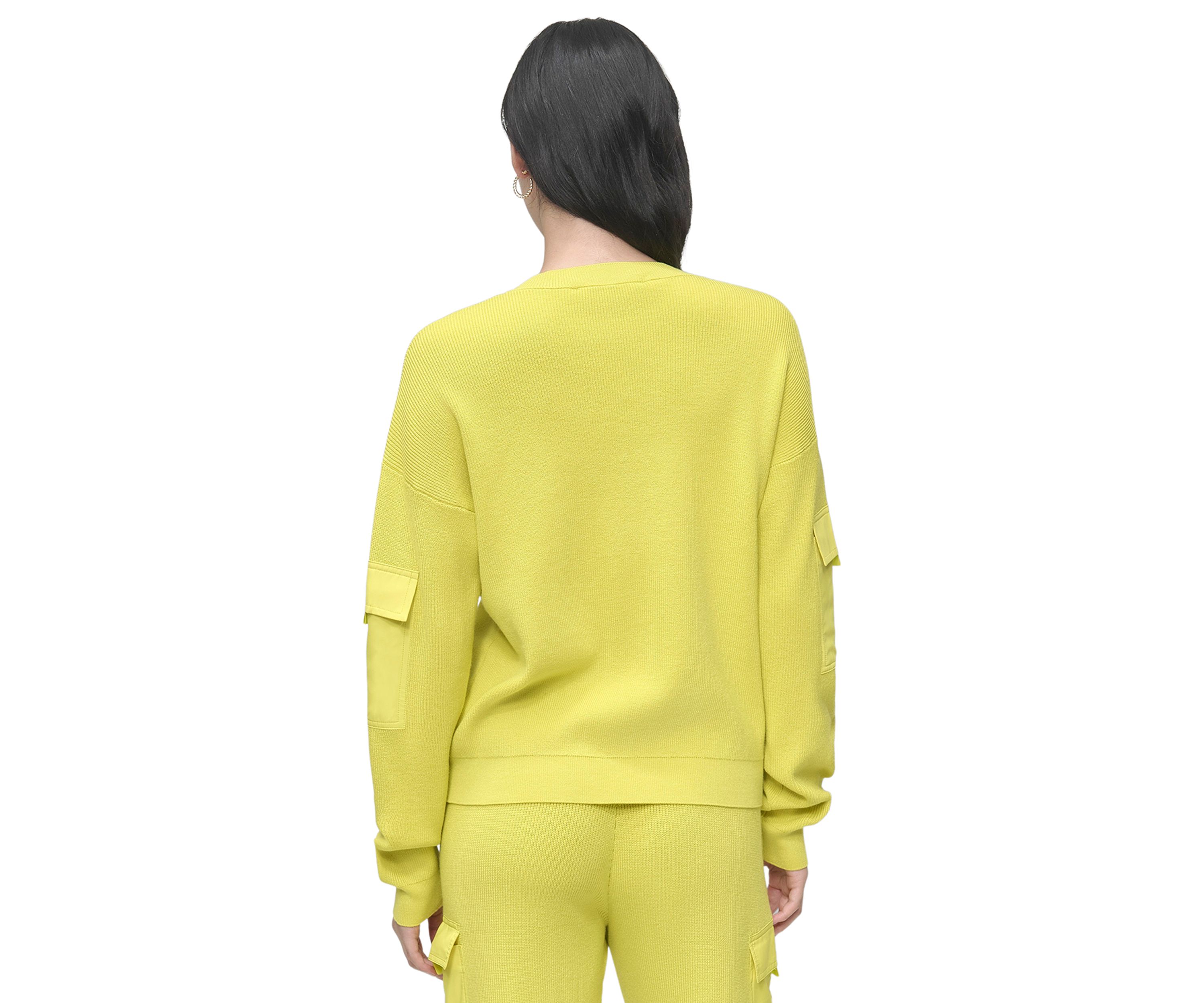 Womens V-Neck Woven Pocket Athletic Sweater