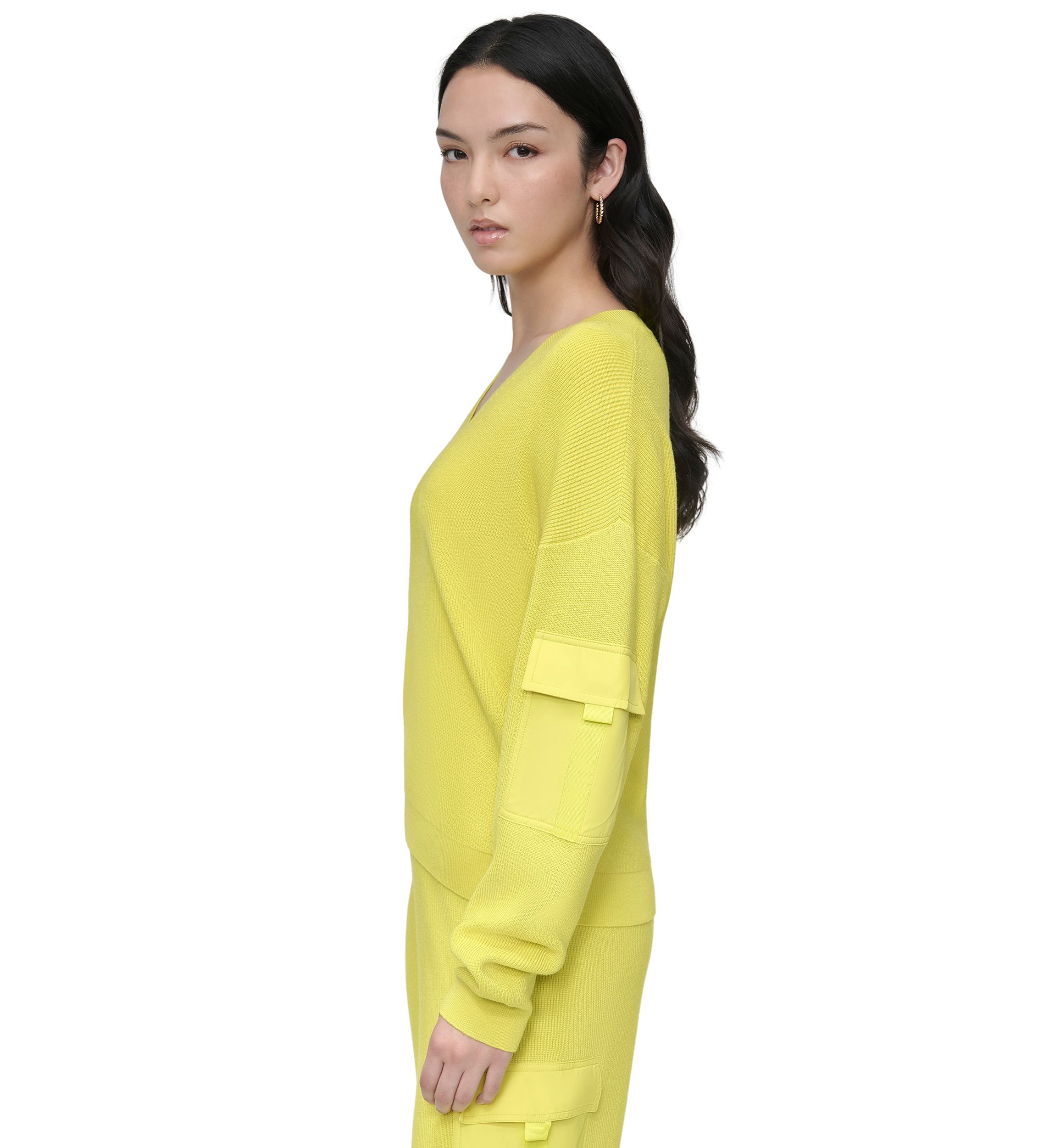 Womens V-Neck Woven Pocket Athletic Sweater