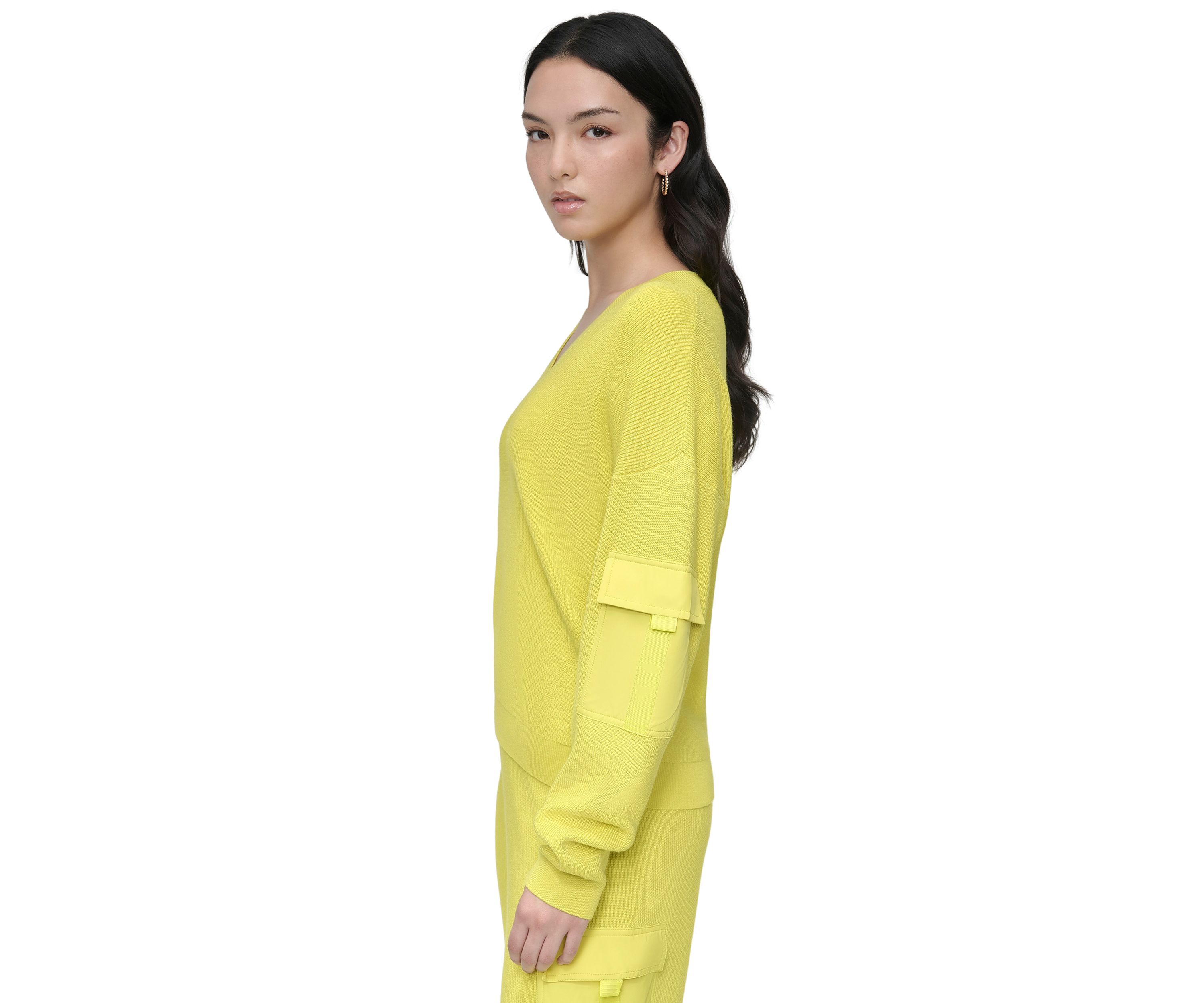 Womens V-Neck Woven Pocket Athletic Sweater