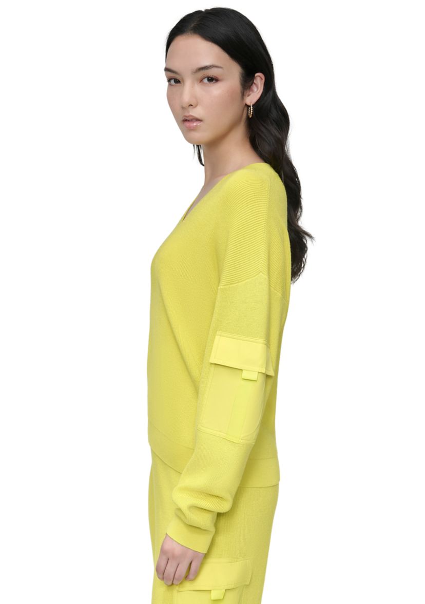 Womens V-Neck Woven Pocket Athletic Sweater