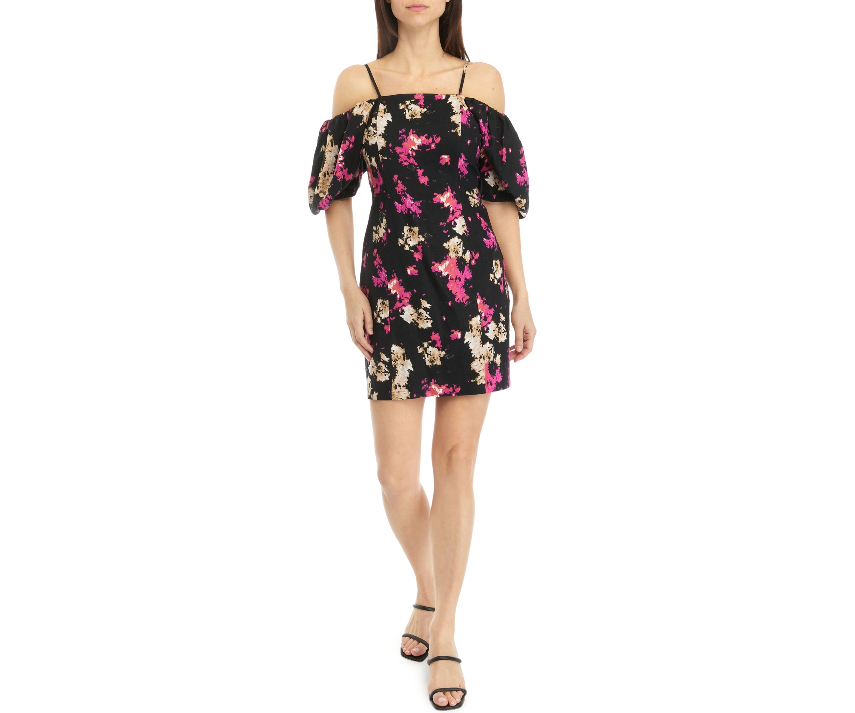 Womens Puff Sleeve Floral Linen Shift Dress
