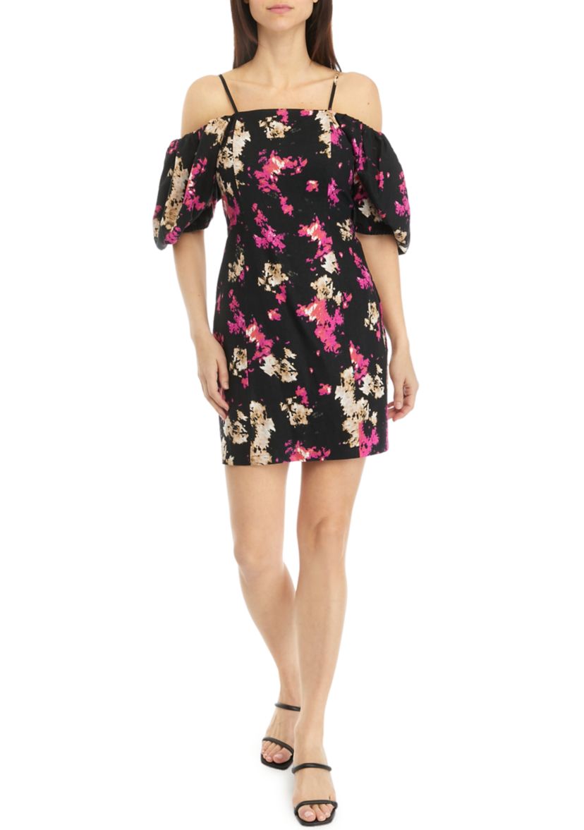 Womens Puff Sleeve Floral Linen Shift Dress