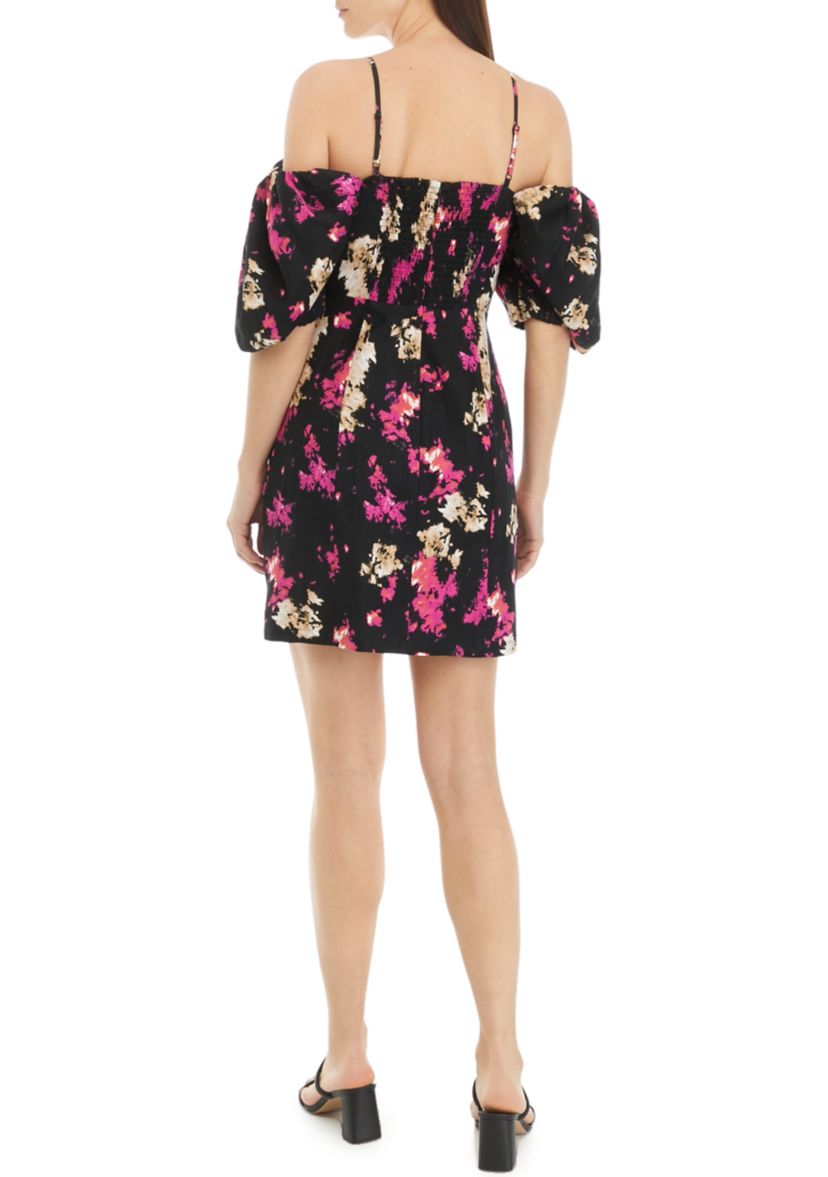 Womens Puff Sleeve Floral Linen Shift Dress