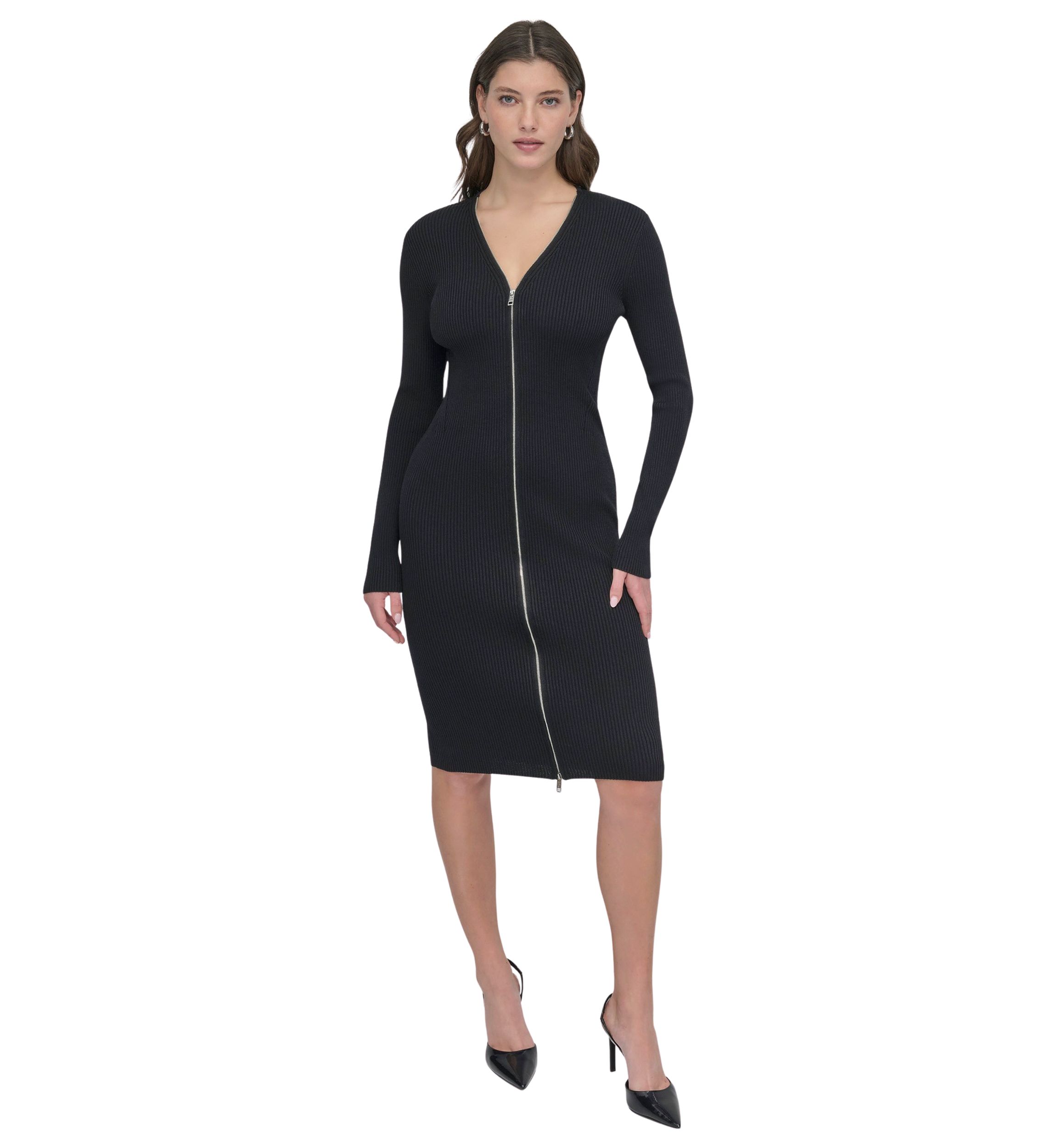 Womens Long Sleeve Zip Front Ribbed Dress