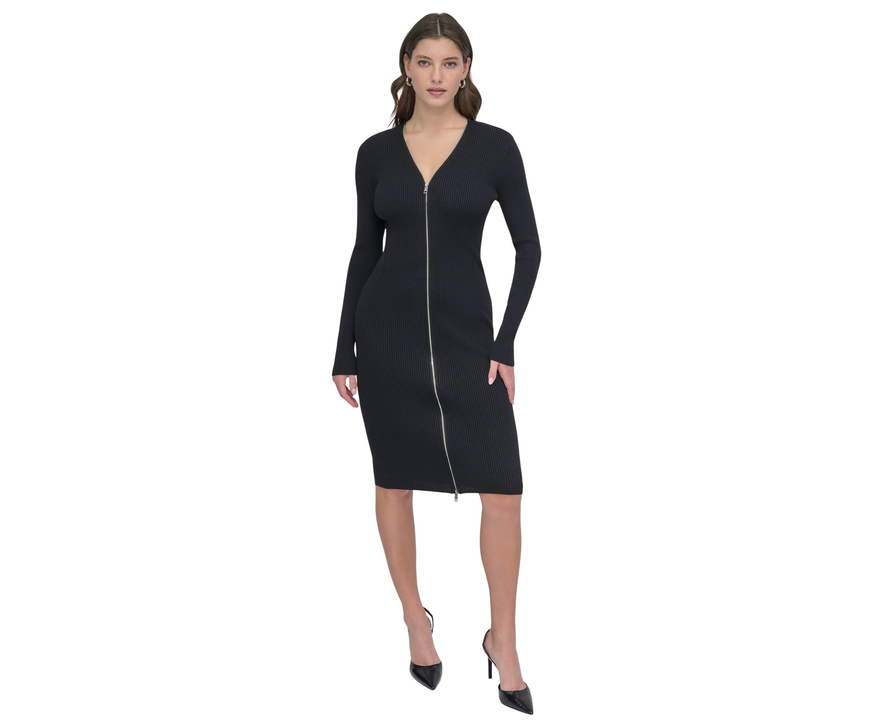 Womens Long Sleeve Zip Front Ribbed Dress