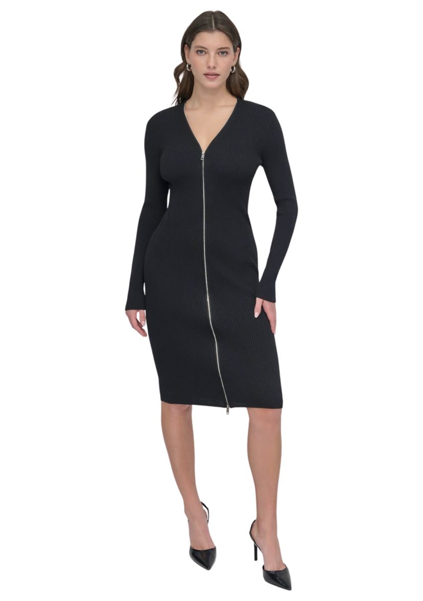 Womens Long Sleeve Zip Front Ribbed Dress