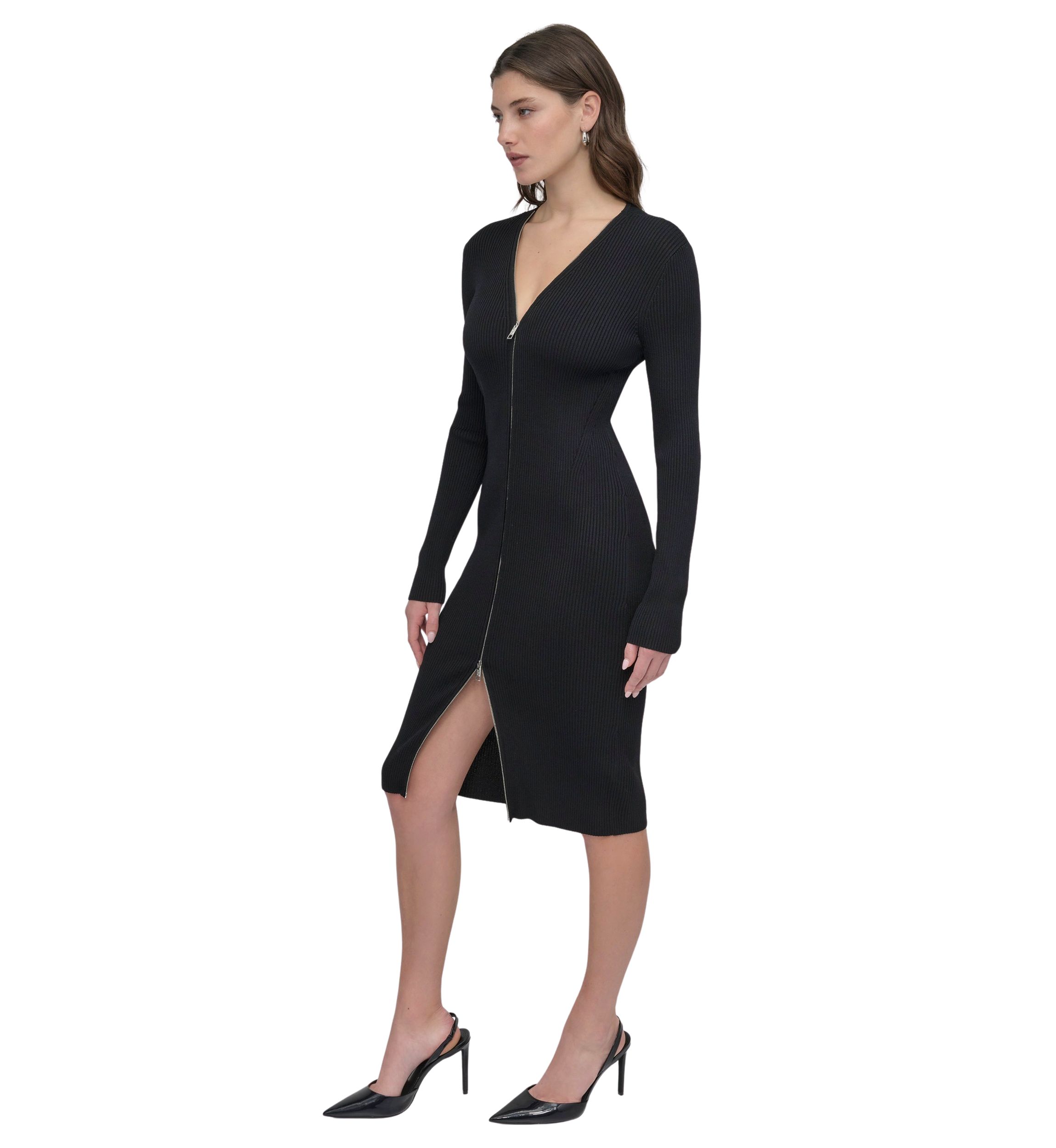 Womens Long Sleeve Zip Front Ribbed Dress