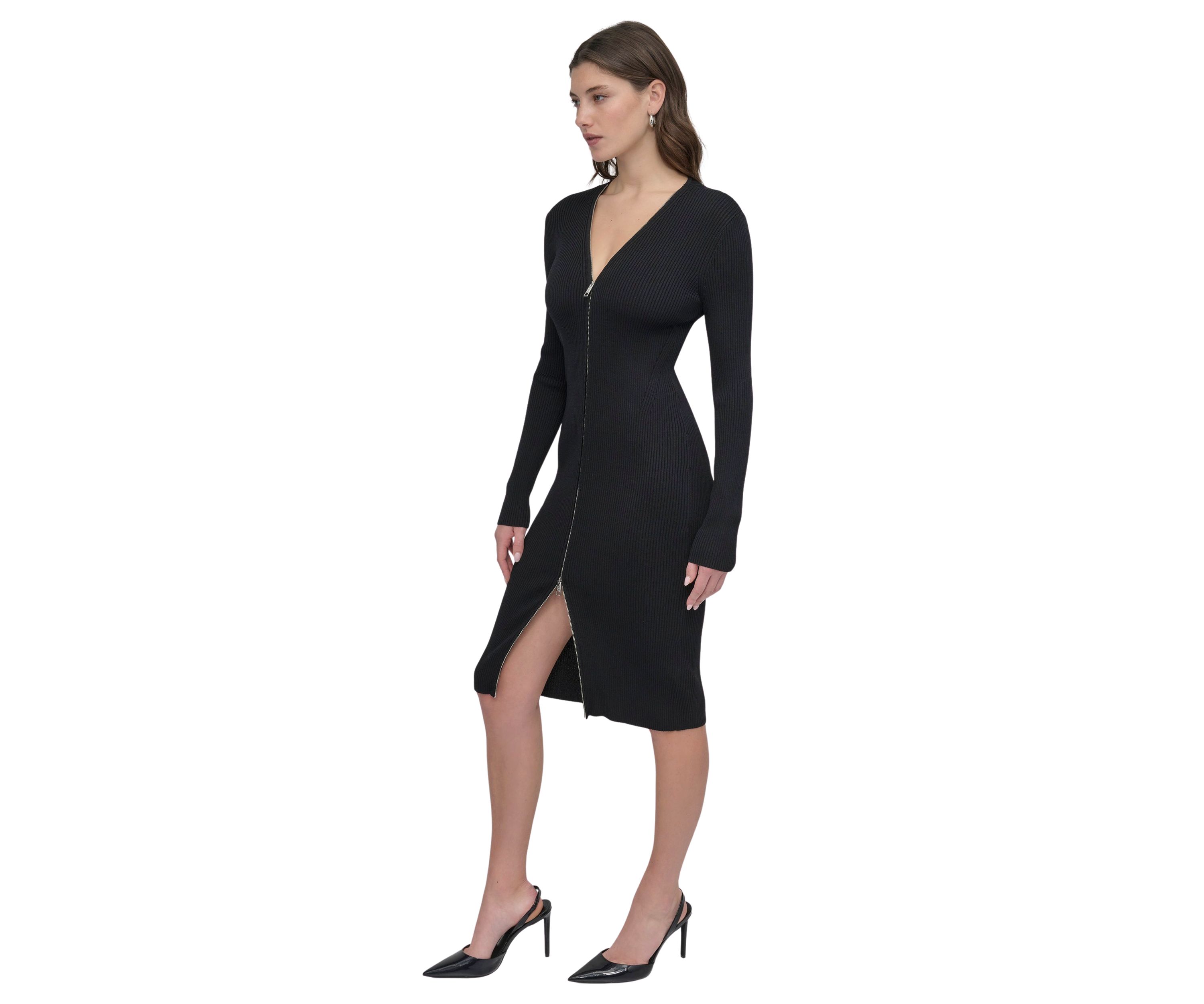Womens Long Sleeve Zip Front Ribbed Dress