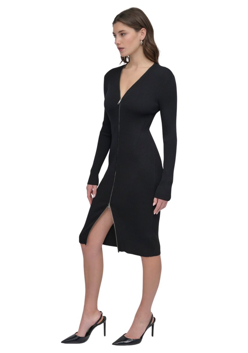 Womens Long Sleeve Zip Front Ribbed Dress