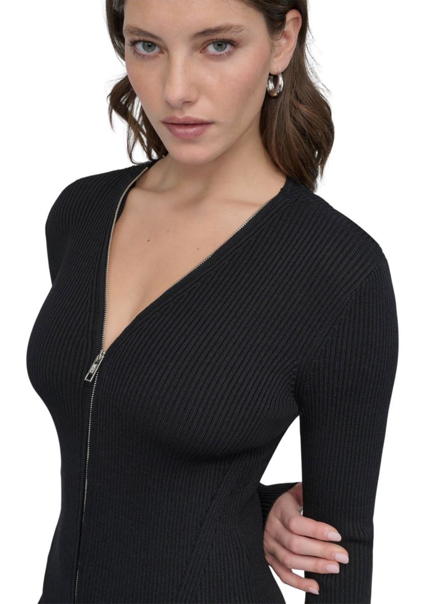 Womens Long Sleeve Zip Front Ribbed Dress