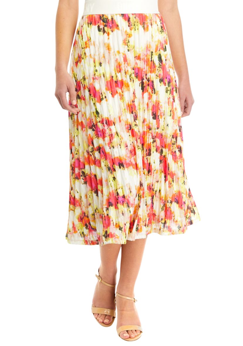 Womens Pleated Floral Midi Skirt