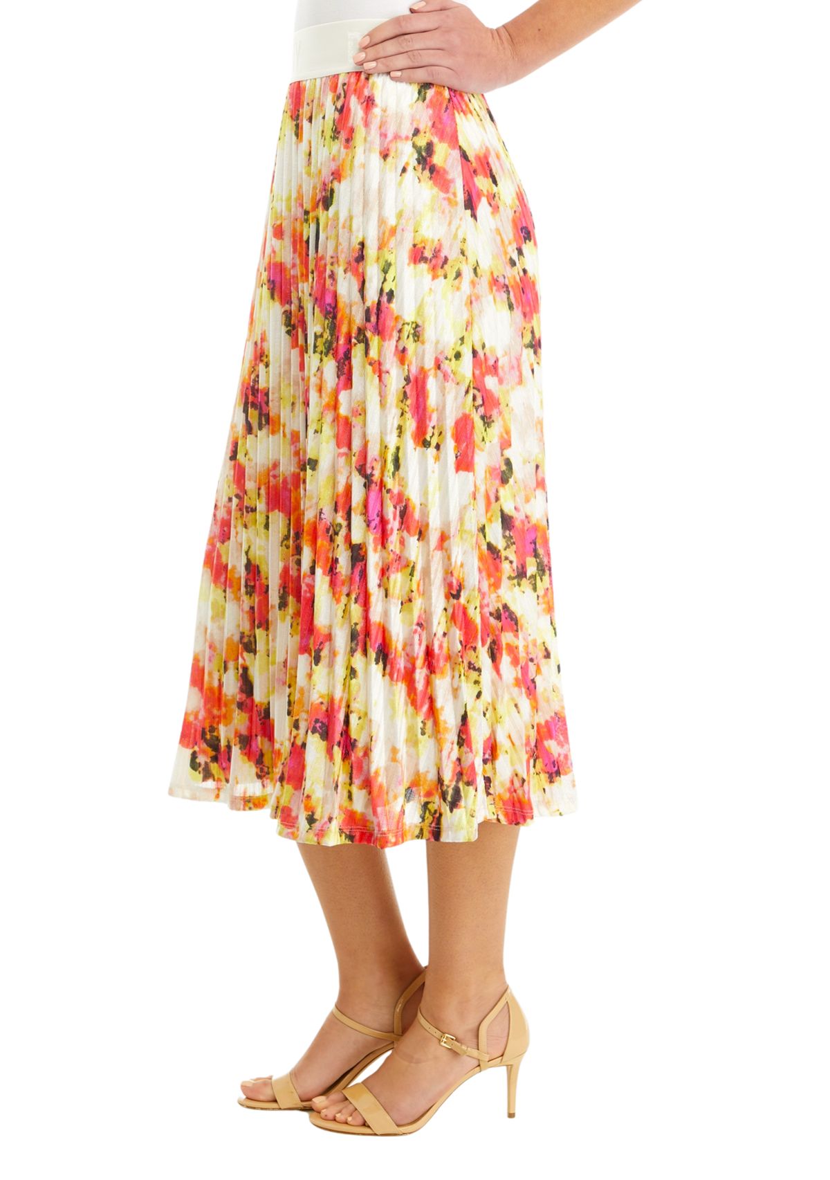 Womens Pleated Floral Midi Skirt