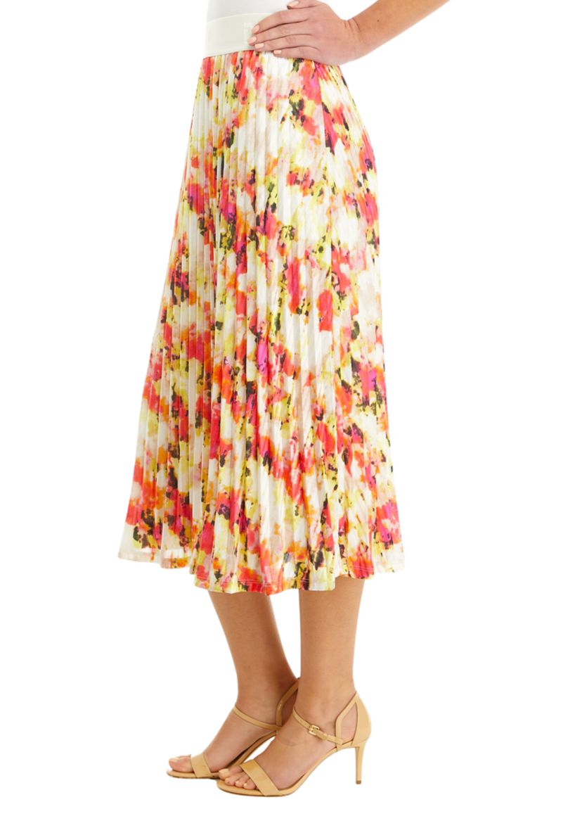 Womens Pleated Floral Midi Skirt