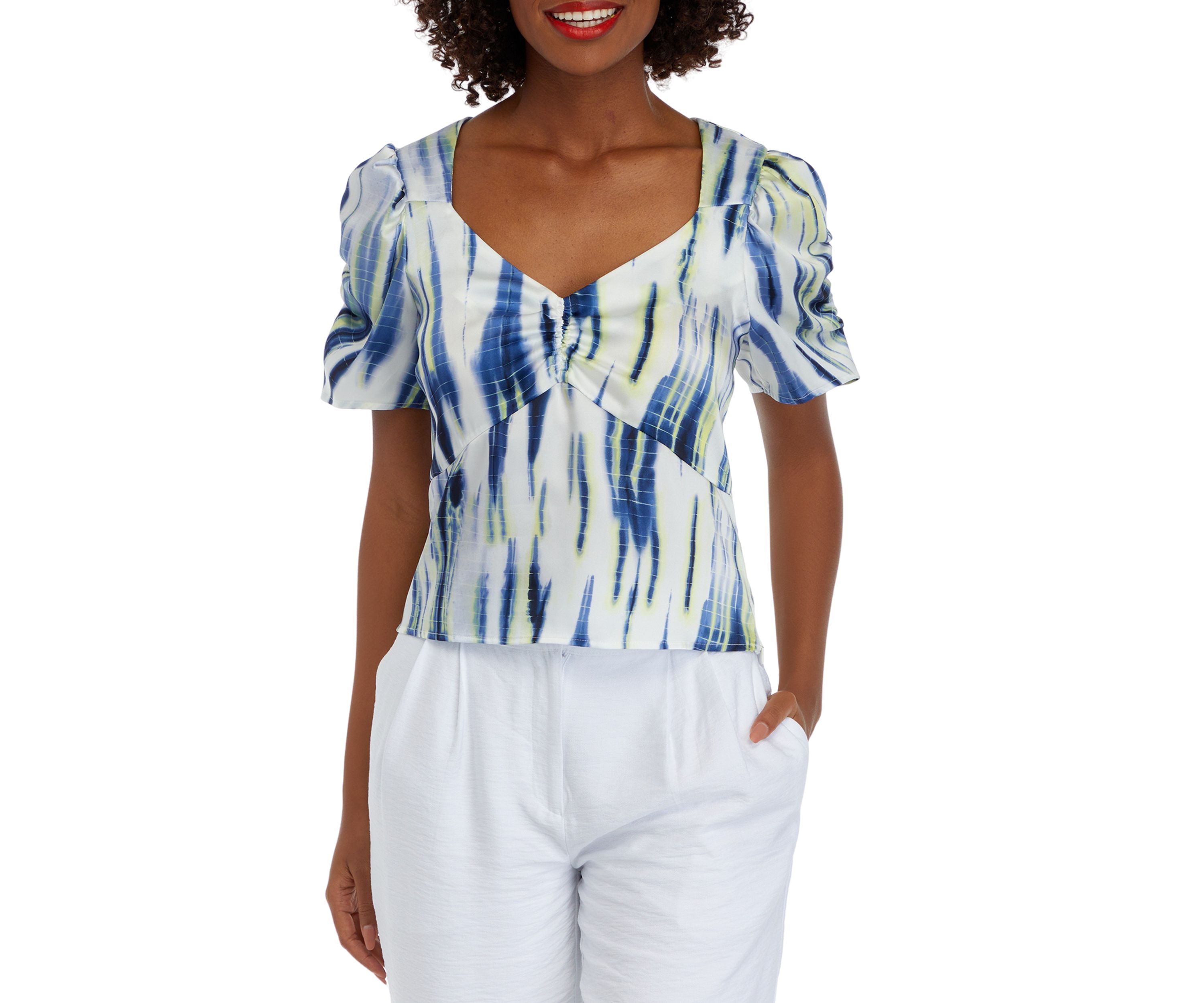 Womens Short Sleeve Ruched Tie Dye Blouse