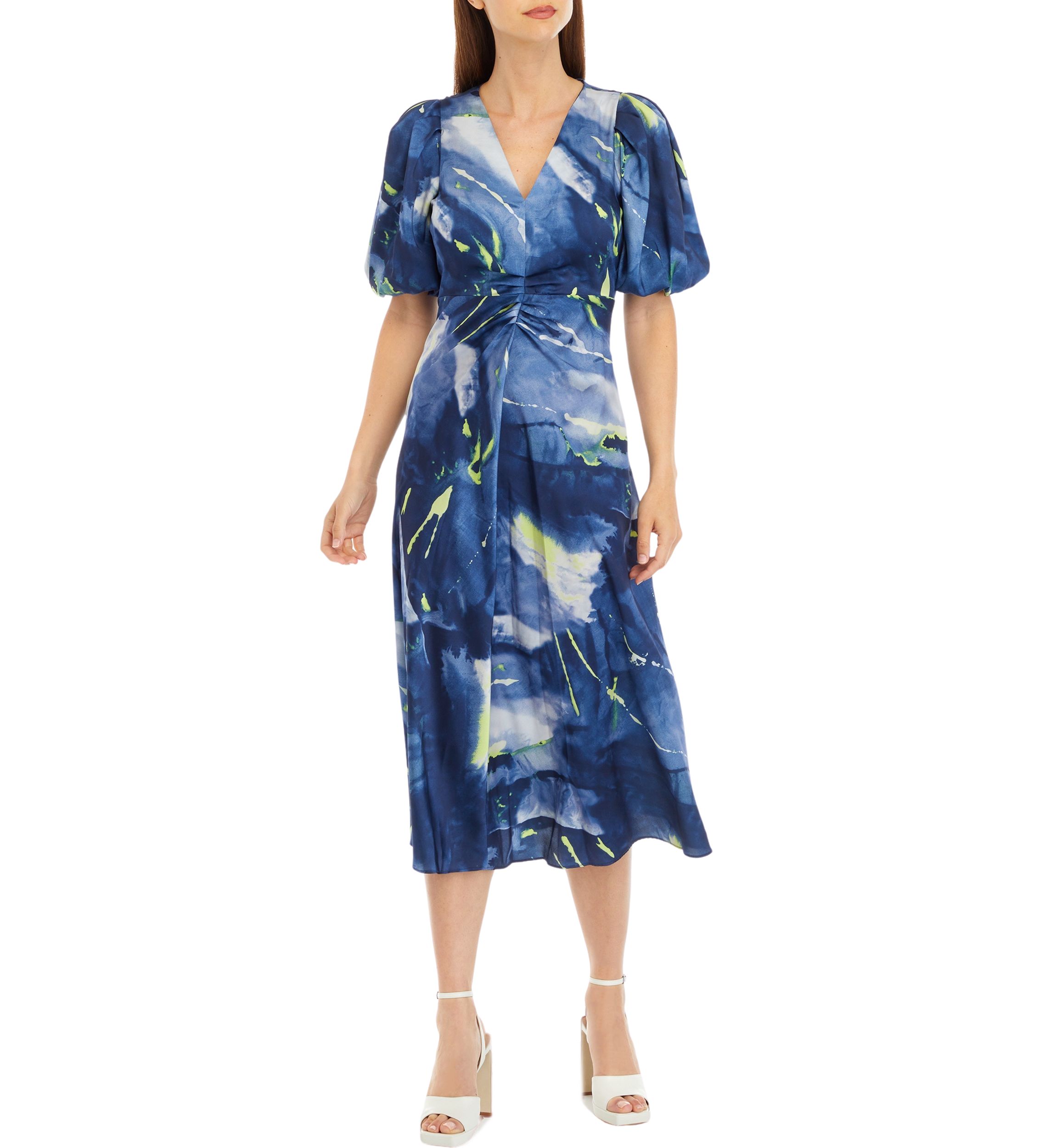 Womens Short Sleeve Ruched Printed Midi Dress