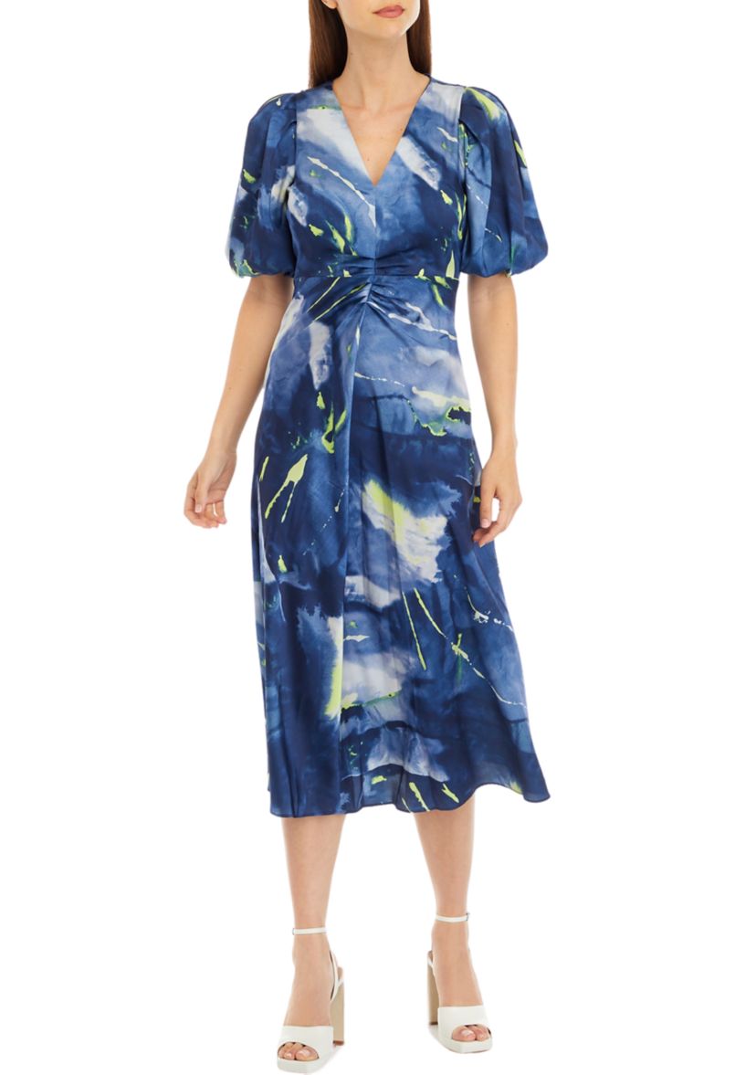 Womens Short Sleeve Ruched Printed Midi Dress