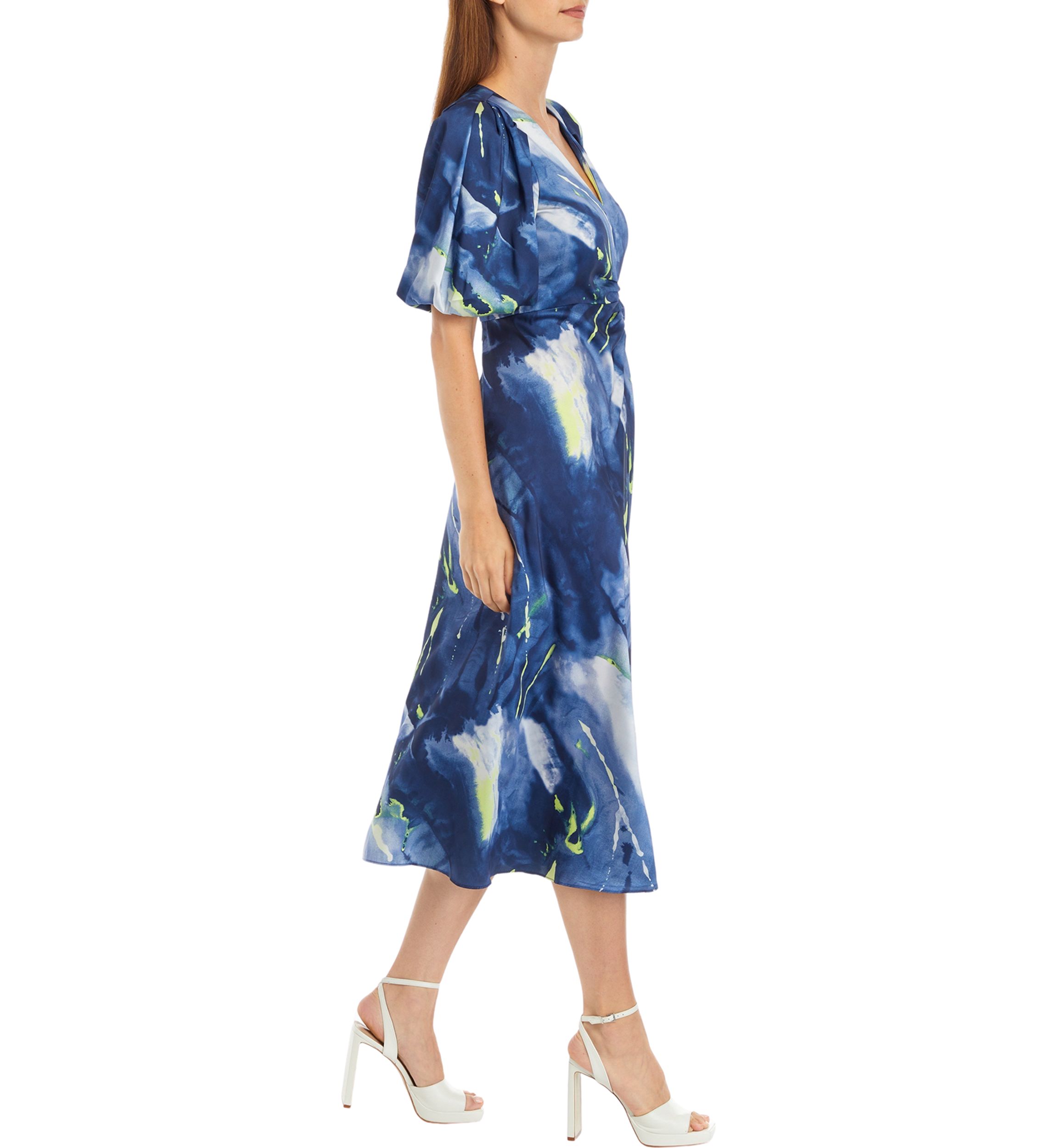 Womens Short Sleeve Ruched Printed Midi Dress