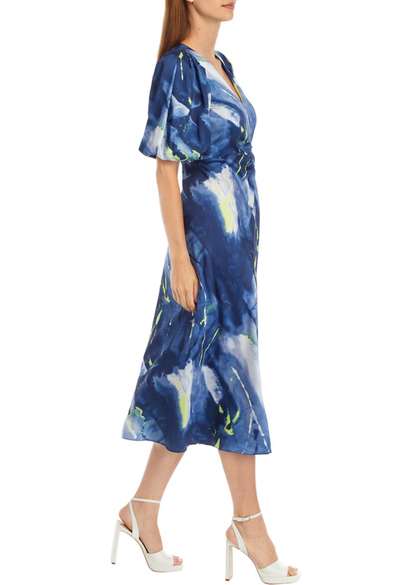 Womens Short Sleeve Ruched Printed Midi Dress