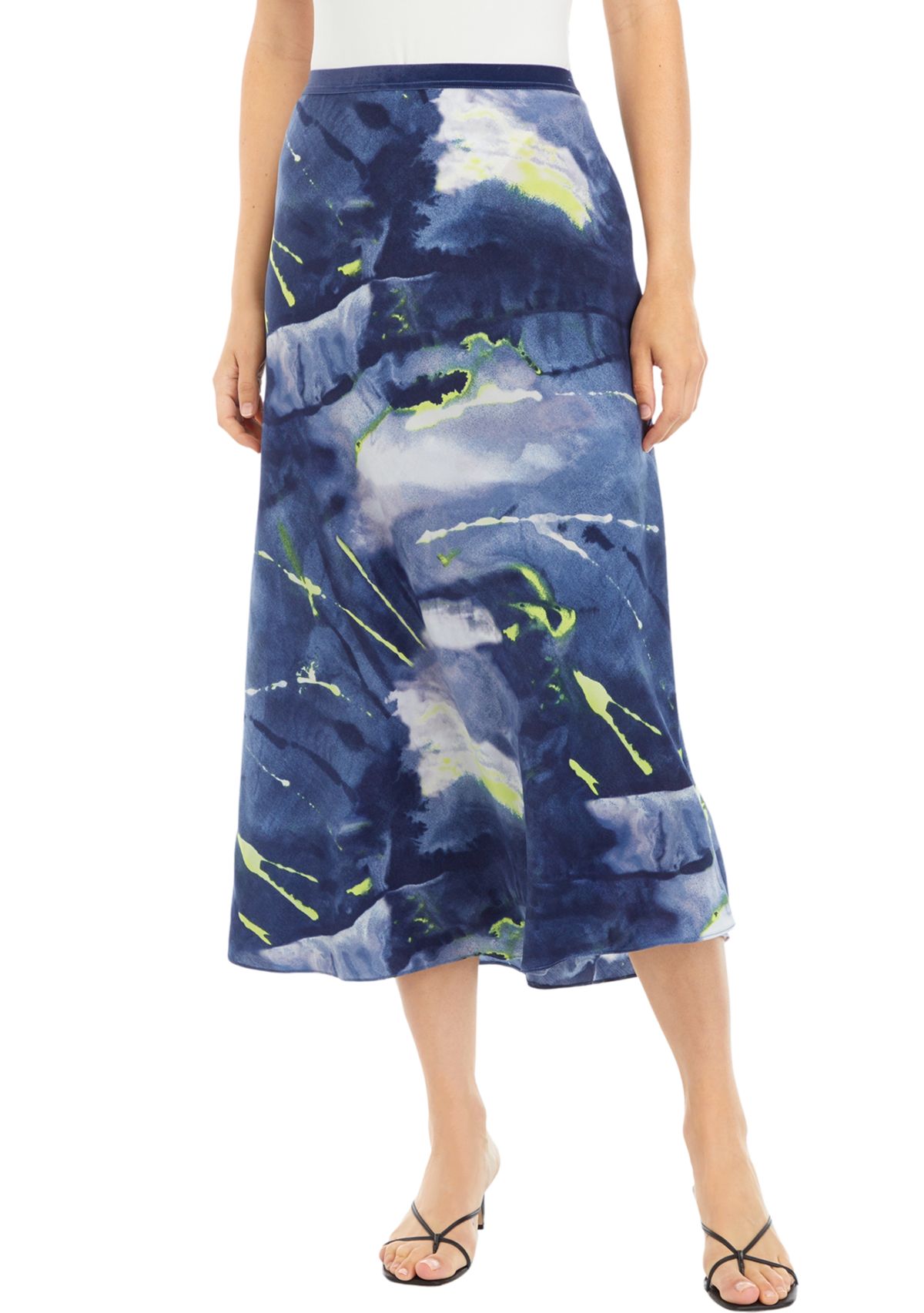 Womens Smudge Print Satin Midi Skirt