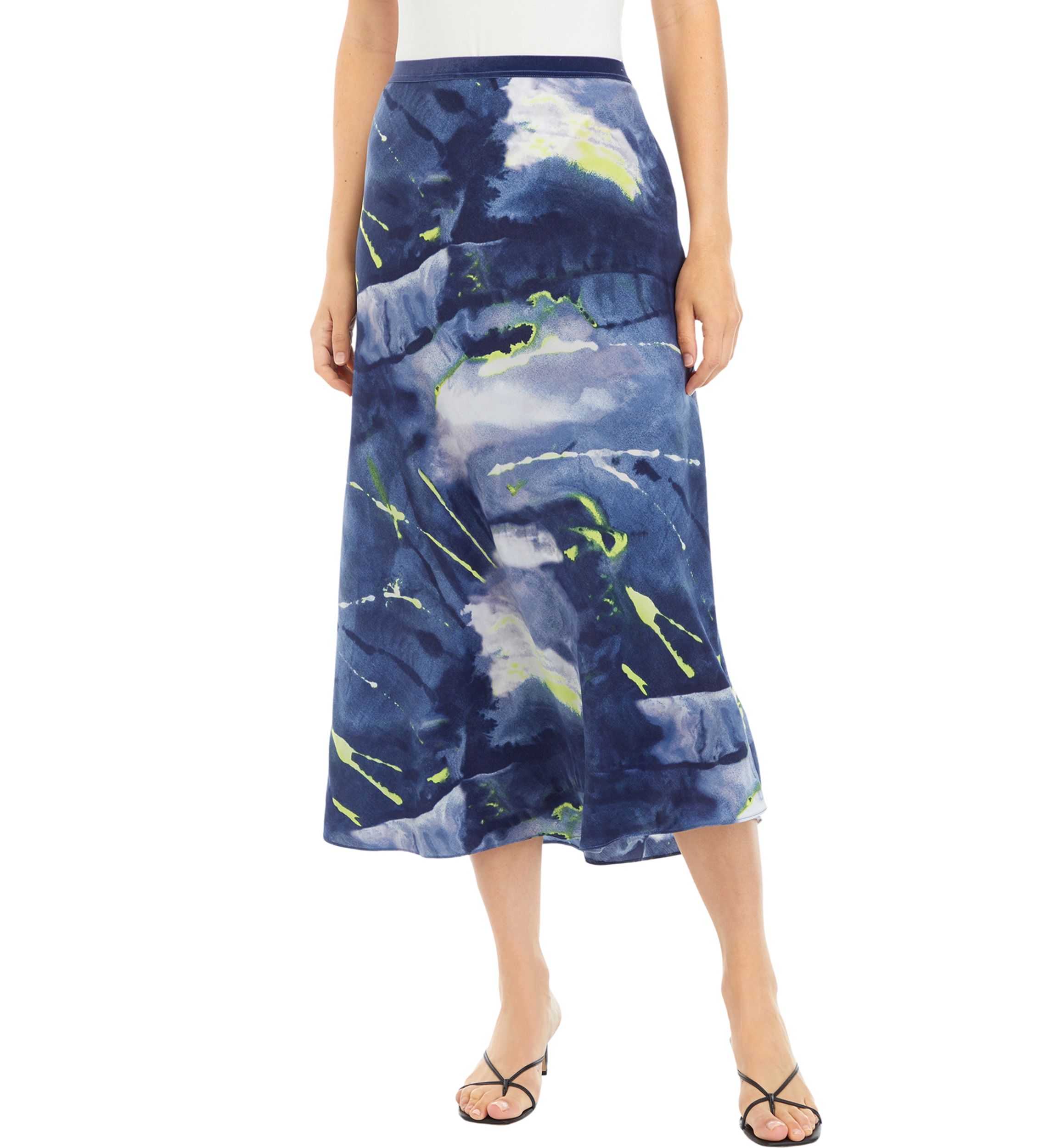 Womens Smudge Print Satin Midi Skirt