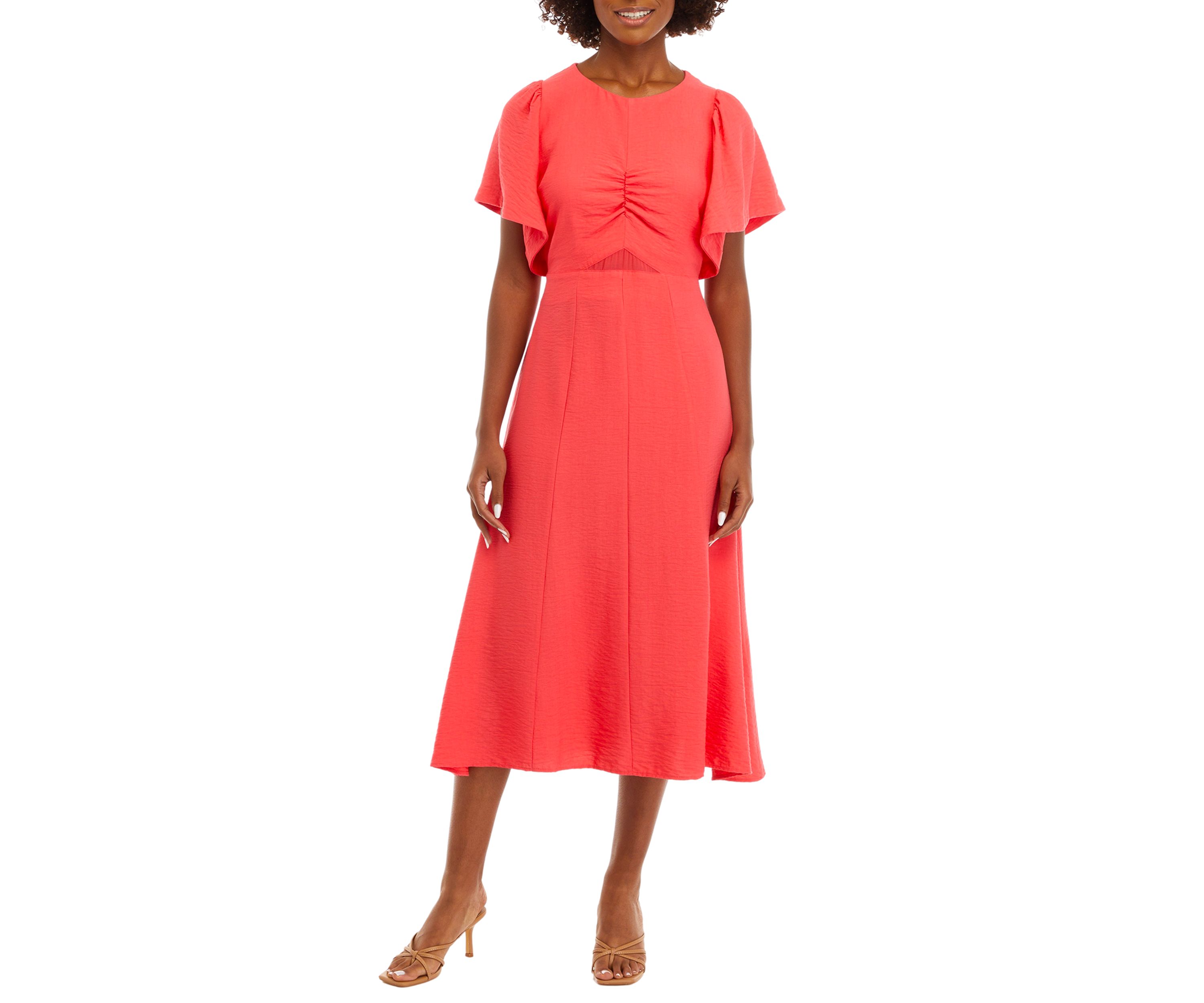 Womens Flutter Sleeve Ruch Front Midi Dress