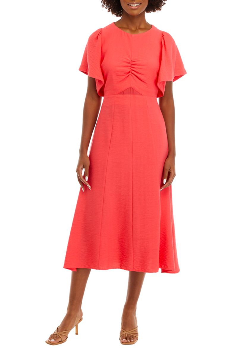 Womens Flutter Sleeve Ruch Front Midi Dress