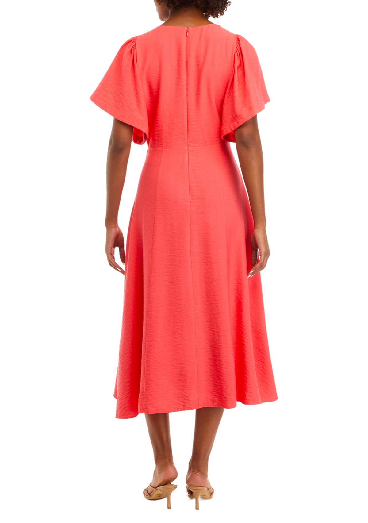 Womens Flutter Sleeve Ruch Front Midi Dress