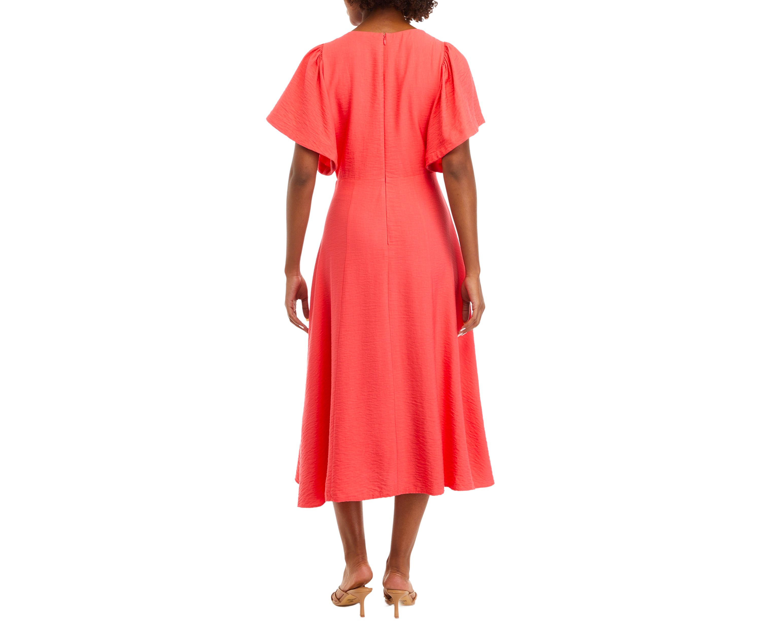 Womens Flutter Sleeve Ruch Front Midi Dress