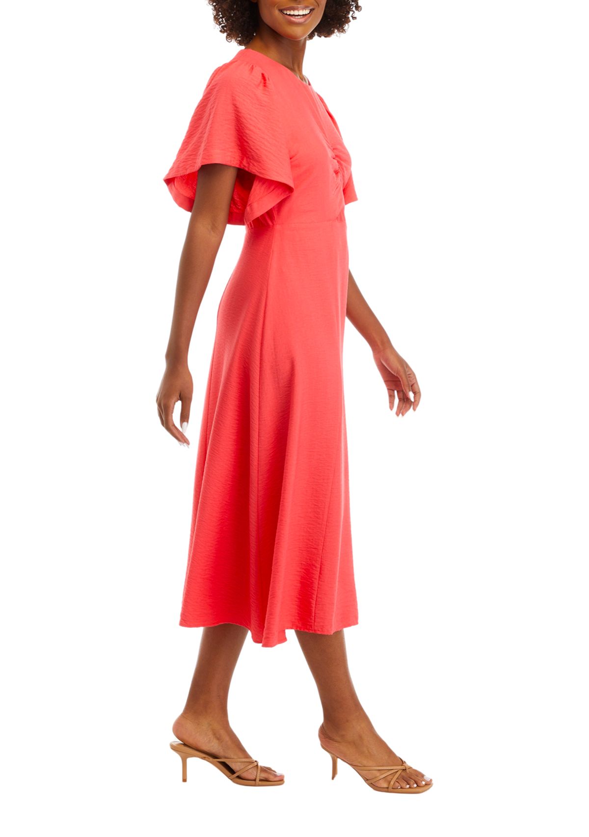 Womens Flutter Sleeve Ruch Front Midi Dress